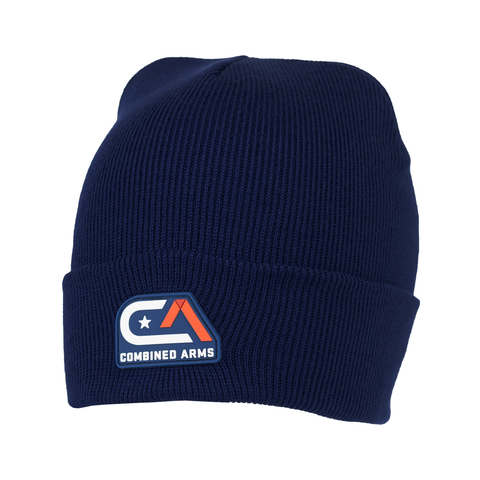 Navy cuffed knit beanie with "COMBINED ARMS" logo on cuff