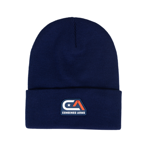 laid flat Navy cuffed knit beanie with "COMBINED ARMS" logo on cuff