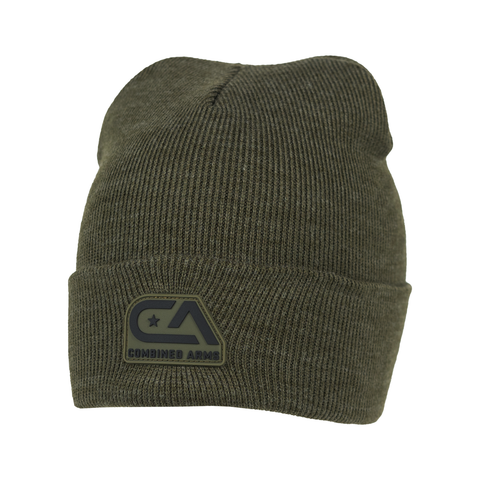 Faded Olive cuffed knit beanie with "COMBINED ARMS" logo on cuff