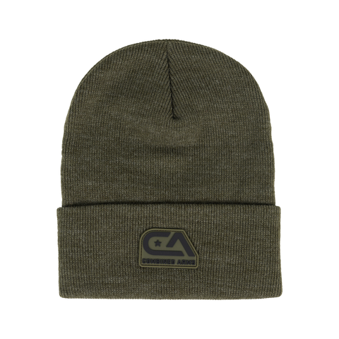 laid flat Faded Olive cuffed knit beanie with "COMBINED ARMS" logo on cuff