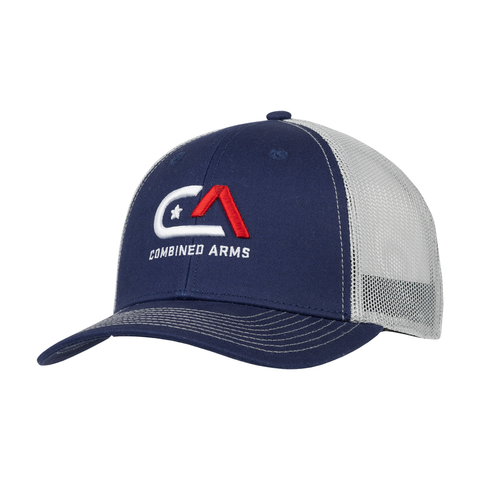 Navy/grey snapback with COMBINED ARMS logo on front