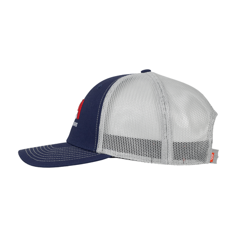 side view of Navy/grey snapback hat showing mesh back