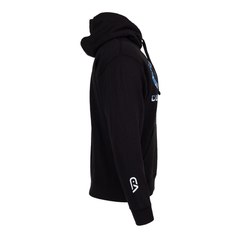 side view of black hoodie with white Combined Arms logo on sleeve