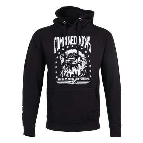 Black hoodie with white graphic of eagle wearing glasses on front with text "COMBINED ARMS READY TO SERVE OUR VETERANS"