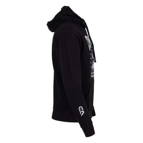 Side view of black hoodie with white Combined arms logo on sleeve