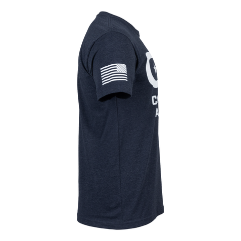 side view of Navy Shirt with white American flag on sleeve