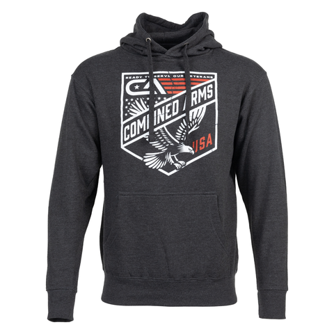 Charcoal hoodie featuring badge graphic of eagle with text "READY TO SERVE OUR VETERANS COMBINED ARM USA" with Combined Arms logo